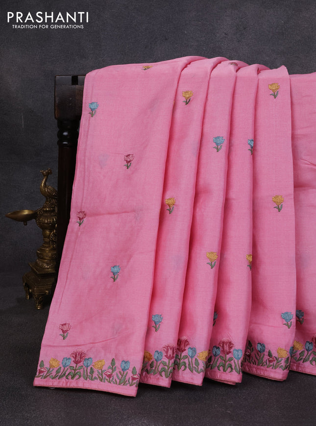 Pure tussar silk saree light pink with embroidery buttas and floral embroidery border