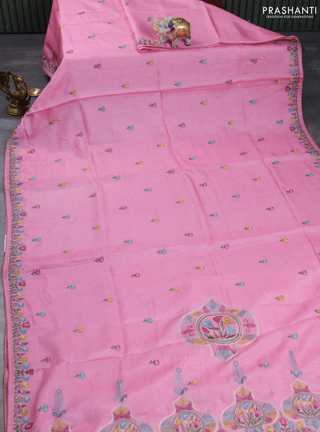 Pure tussar silk saree light pink with embroidery buttas and floral embroidery border