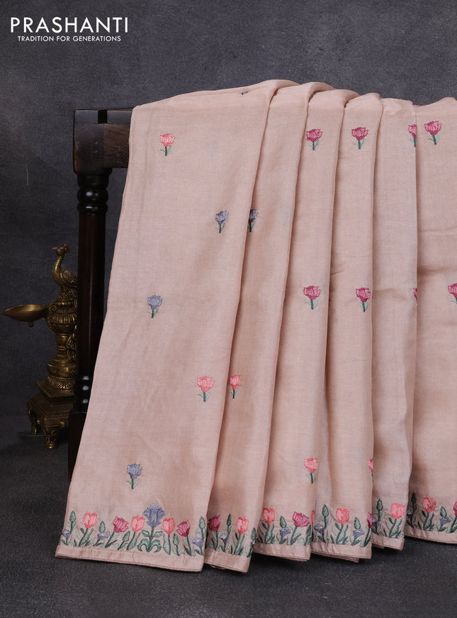 Pure tussar silk saree pastel peach shade with embroidery buttas and floral embroidery border