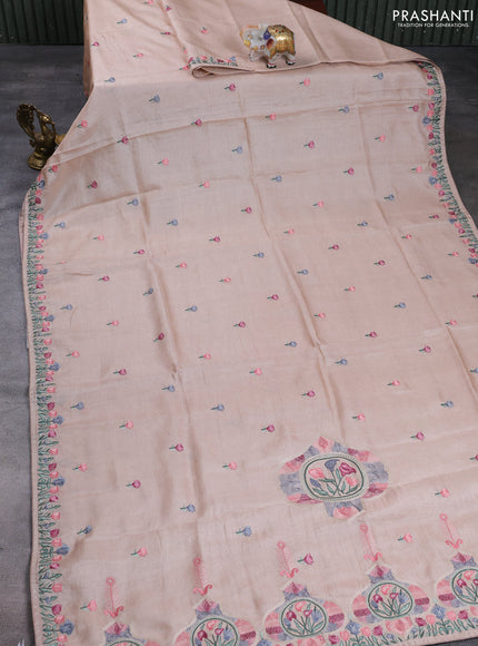Pure tussar silk saree pastel peach shade with embroidery buttas and floral embroidery border