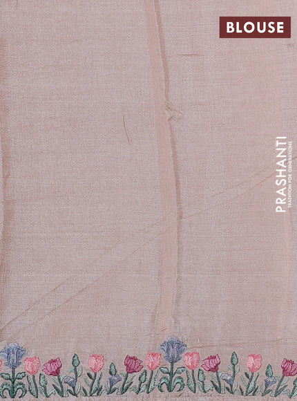 Pure tussar silk saree pastel peach shade with embroidery buttas and floral embroidery border