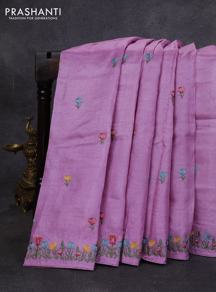 Pure tussar silk saree lavender with embroidery buttas and floral embroidery border
