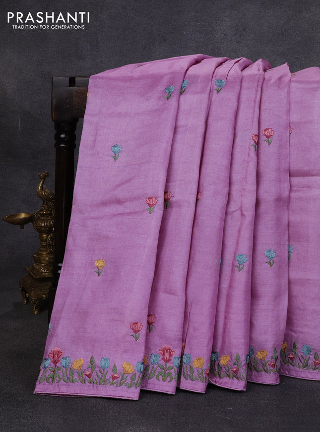 Pure tussar silk saree lavender with embroidery buttas and floral embroidery border