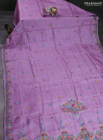 Pure tussar silk saree lavender with embroidery buttas and floral embroidery border