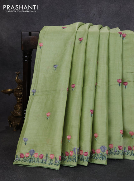 Pure tussar silk saree pista green with embroidery buttas and floral embroidery border
