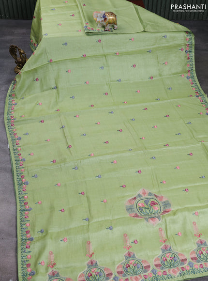 Pure tussar silk saree pista green with embroidery buttas and floral embroidery border