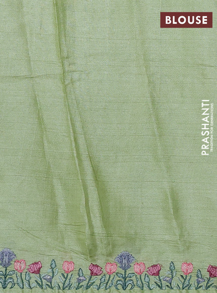 Pure tussar silk saree pista green with embroidery buttas and floral embroidery border