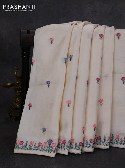 Pure tussar silk saree cream with embroidery buttas and floral embroidery border