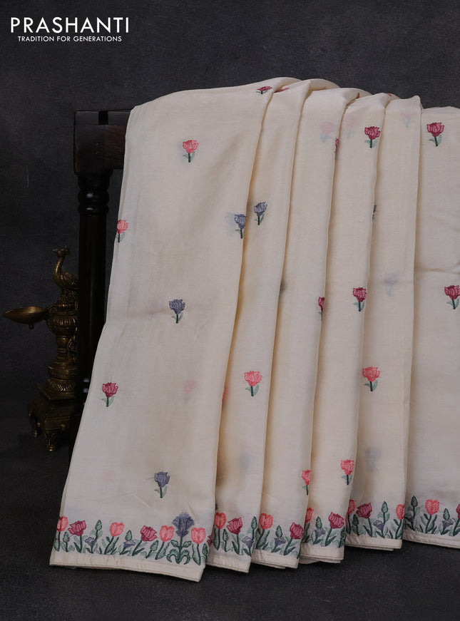 Pure tussar silk saree cream with embroidery buttas and floral embroidery border