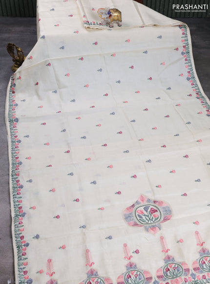 Pure tussar silk saree cream with embroidery buttas and floral embroidery border
