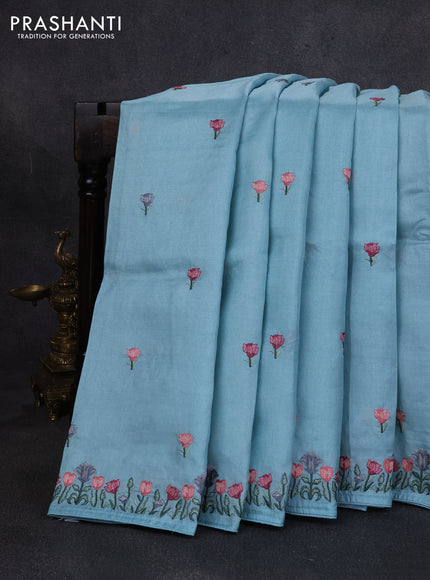 Pure tussar silk saree teal blue with embroidery buttas and floral embroidery border