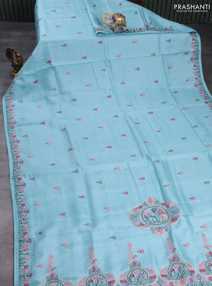 Pure tussar silk saree teal blue with embroidery buttas and floral embroidery border