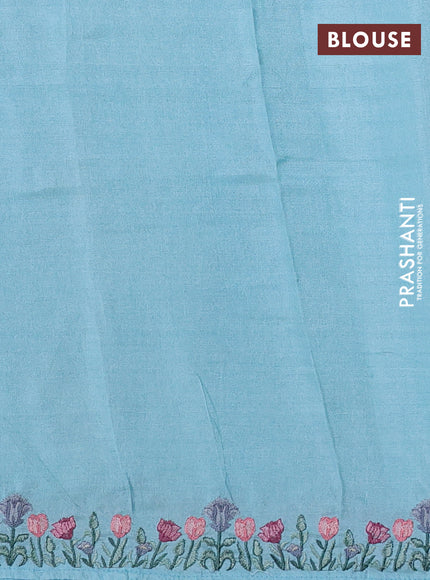 Pure tussar silk saree teal blue with embroidery buttas and floral embroidery border