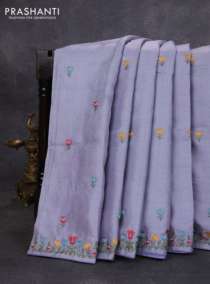Pure tussar silk saree lavender shade with embroidery buttas and floral embroidery border