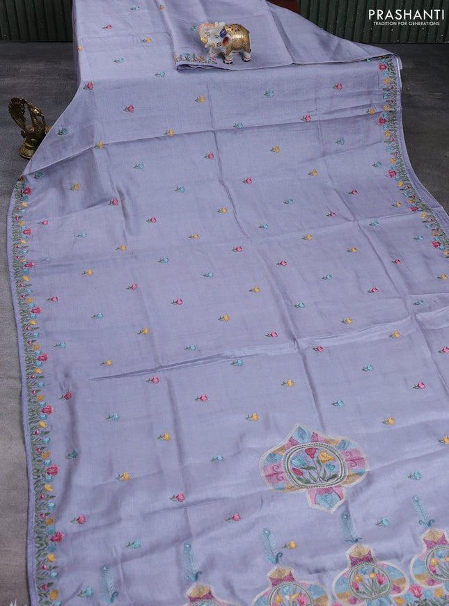 Pure tussar silk saree lavender shade with embroidery buttas and floral embroidery border