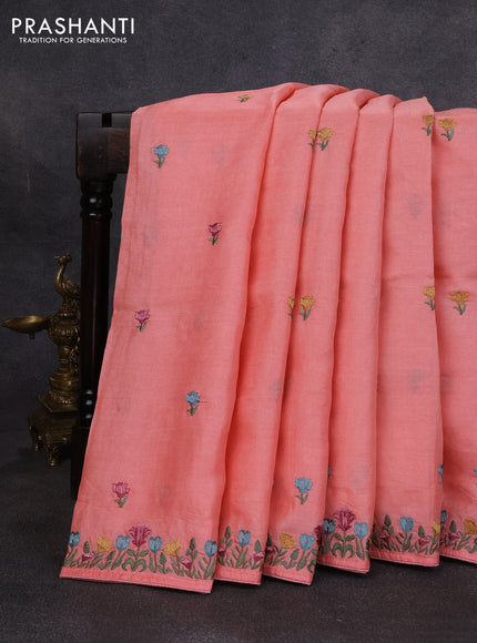 Pure tussar silk saree peach orange with embroidery buttas and floral embroidery border