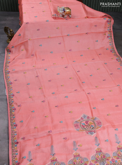 Pure tussar silk saree peach orange with embroidery buttas and floral embroidery border