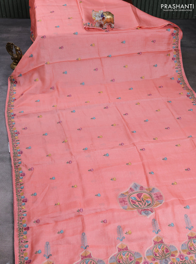 Pure tussar silk saree peach orange with embroidery buttas and floral embroidery border