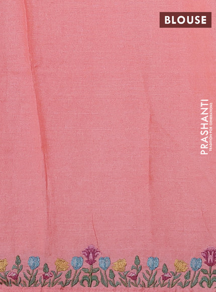 Pure tussar silk saree peach orange with embroidery buttas and floral embroidery border