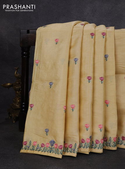 Pure tussar silk saree pale yellow with embroidery buttas and floral embroidery border