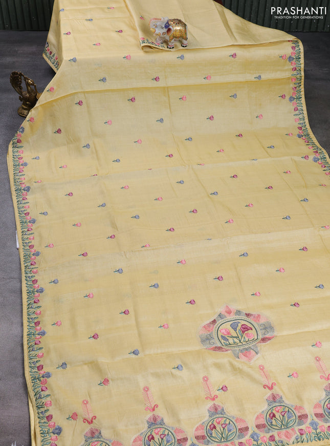 Pure tussar silk saree pale yellow with embroidery buttas and floral embroidery border