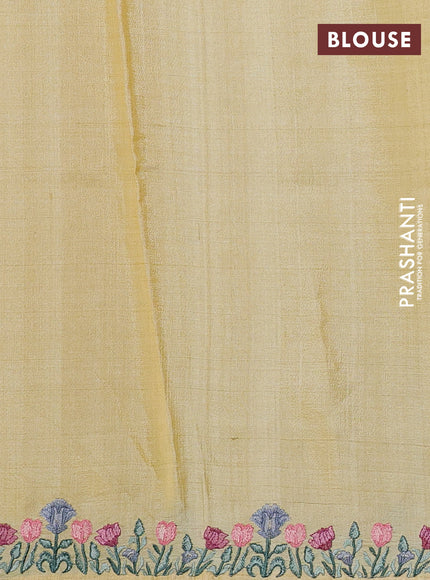Pure tussar silk saree pale yellow with embroidery buttas and floral embroidery border