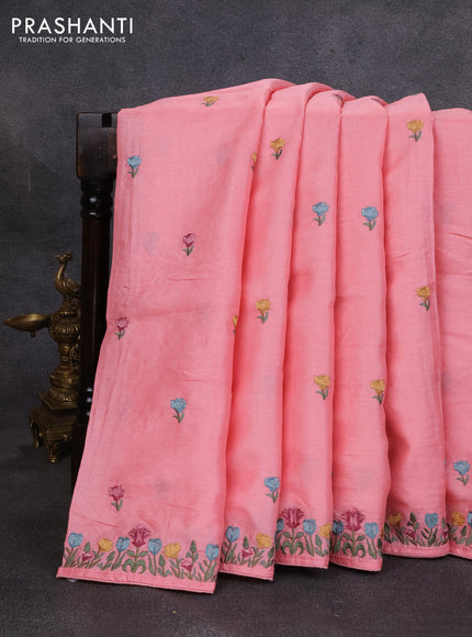 Pure tussar silk saree peach with embroidery buttas and floral embroidery border