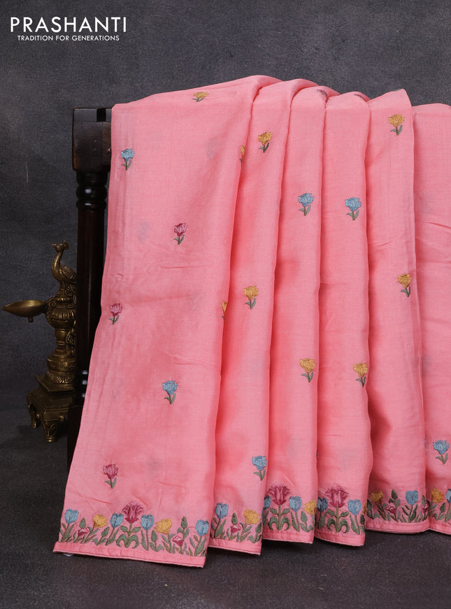 Pure tussar silk saree peach with embroidery buttas and floral embroidery border