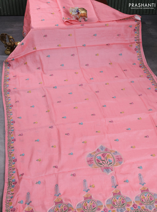 Pure tussar silk saree peach with embroidery buttas and floral embroidery border