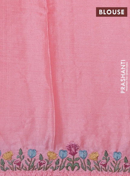 Pure tussar silk saree peach with embroidery buttas and floral embroidery border