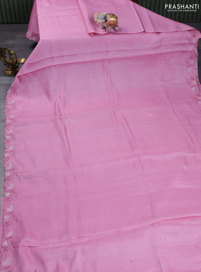 Pure tussar silk saree lotus pink with embroidery buttas and floral embroidery border