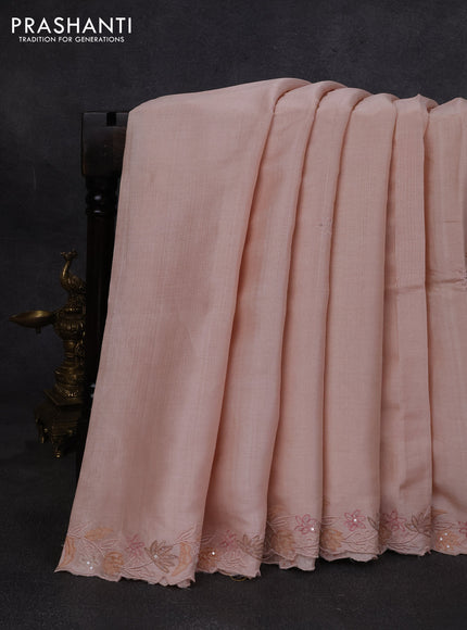 Pure tussar silk saree mild peach with embroidery buttas and floral embroidery border