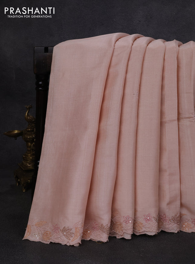 Pure tussar silk saree mild peach with embroidery buttas and floral embroidery border