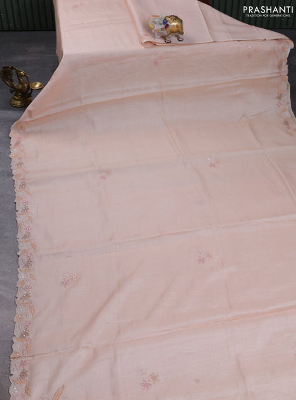 Pure tussar silk saree mild peach with embroidery buttas and floral embroidery border