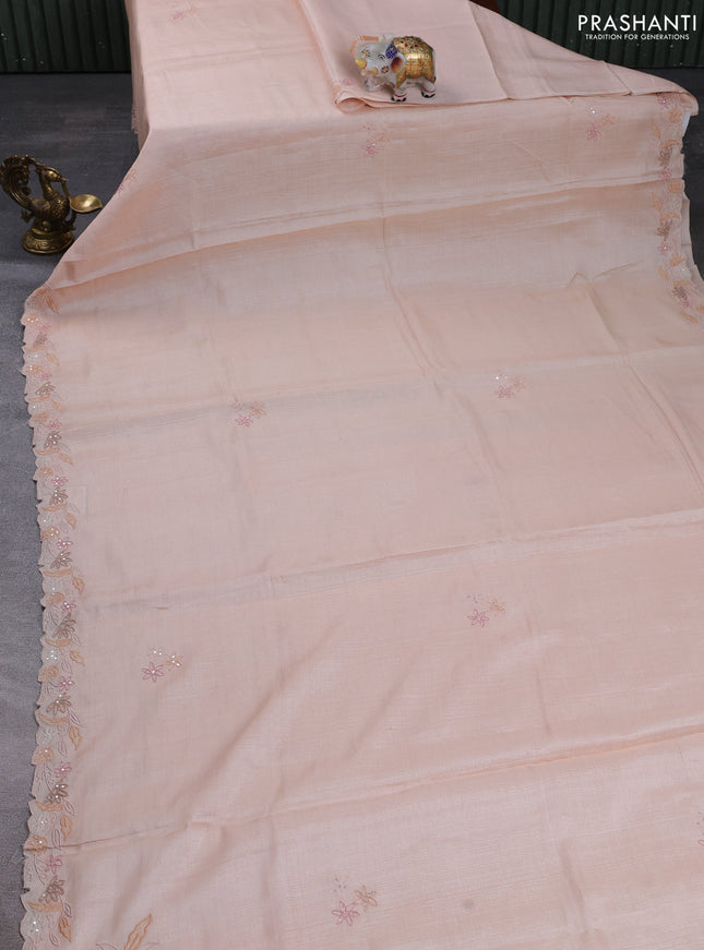 Pure tussar silk saree mild peach with embroidery buttas and floral embroidery border