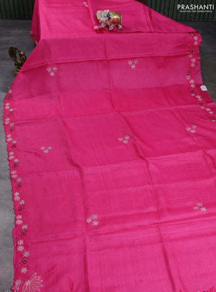 Pure tussar silk saree pink with embroidery buttas and floral embroidery border