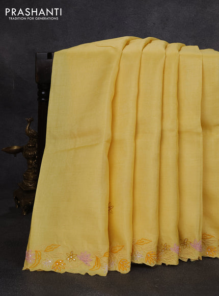 Pure tussar silk saree yellow with embroidery buttas and floral embroidery border