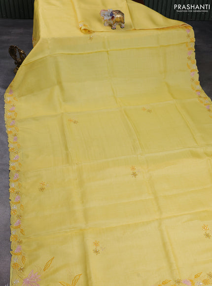 Pure tussar silk saree yellow with embroidery buttas and floral embroidery border