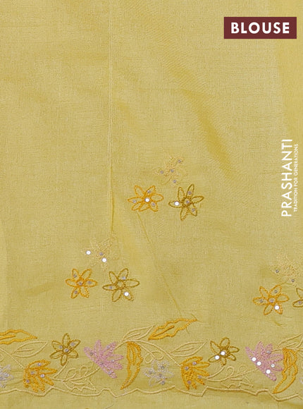Pure tussar silk saree yellow with embroidery buttas and floral embroidery border