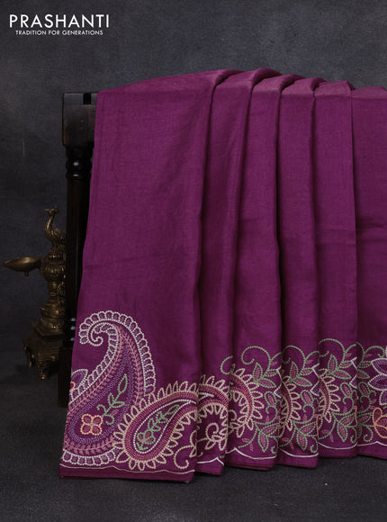 Pure tussar silk saree wine shade with plain body and paisley embroidery border