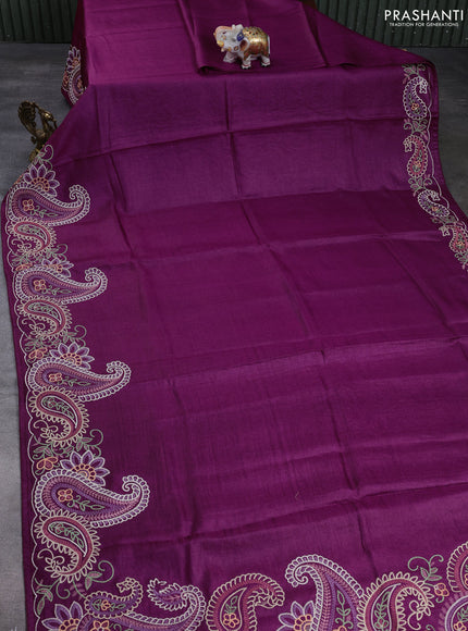 Pure tussar silk saree wine shade with plain body and paisley embroidery border