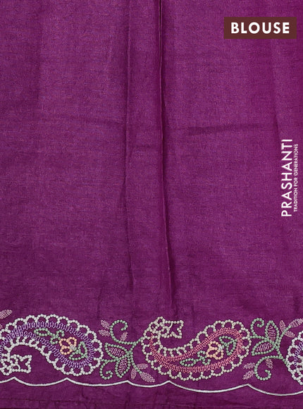 Pure tussar silk saree wine shade with plain body and paisley embroidery border