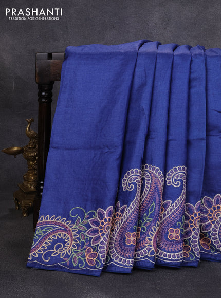 Pure tussar silk saree blue with plain body and paisley embroidery border