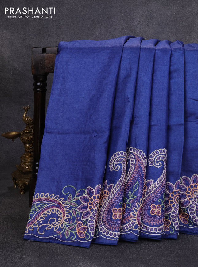 Pure tussar silk saree blue with plain body and paisley embroidery border