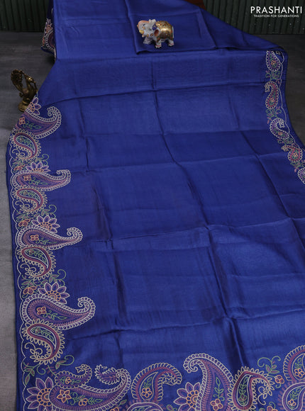 Pure tussar silk saree blue with plain body and paisley embroidery border