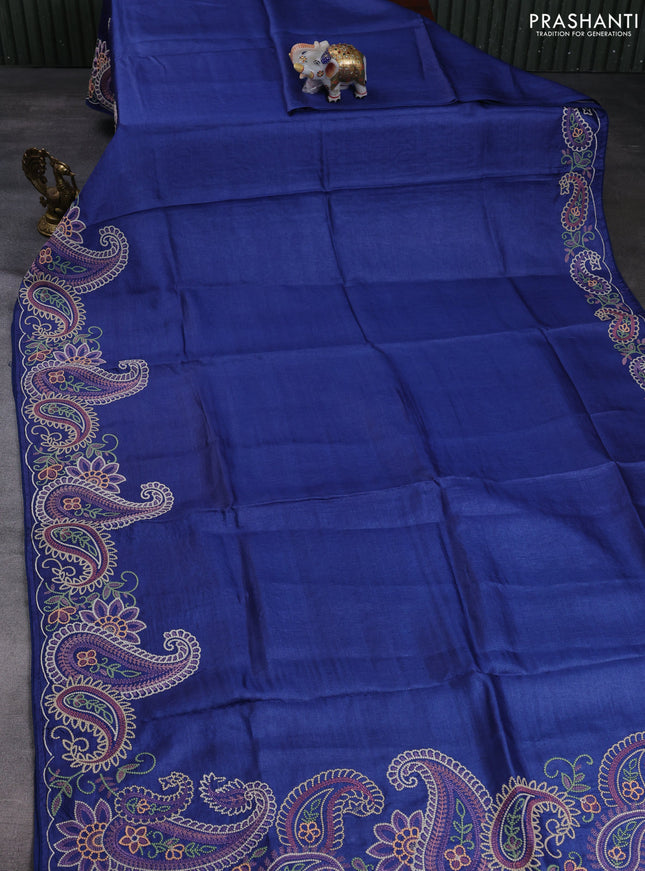 Pure tussar silk saree blue with plain body and paisley embroidery border