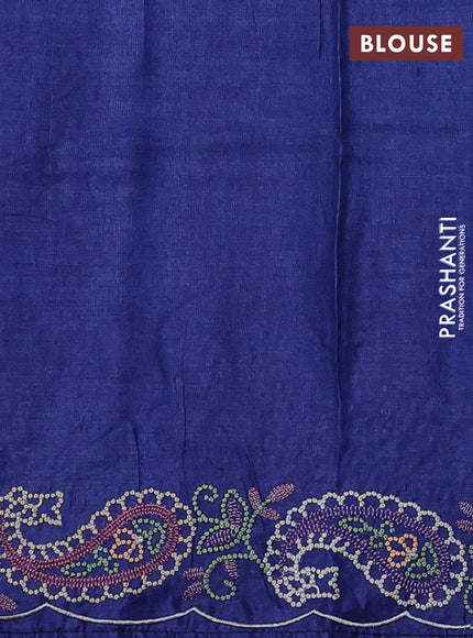 Pure tussar silk saree blue with plain body and paisley embroidery border