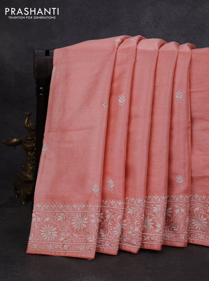 Pure tussar silk saree peach orange with floral embroidery buttas and embroidery border