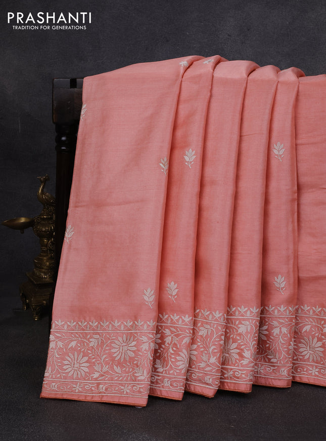 Pure tussar silk saree peach orange with floral embroidery buttas and embroidery border