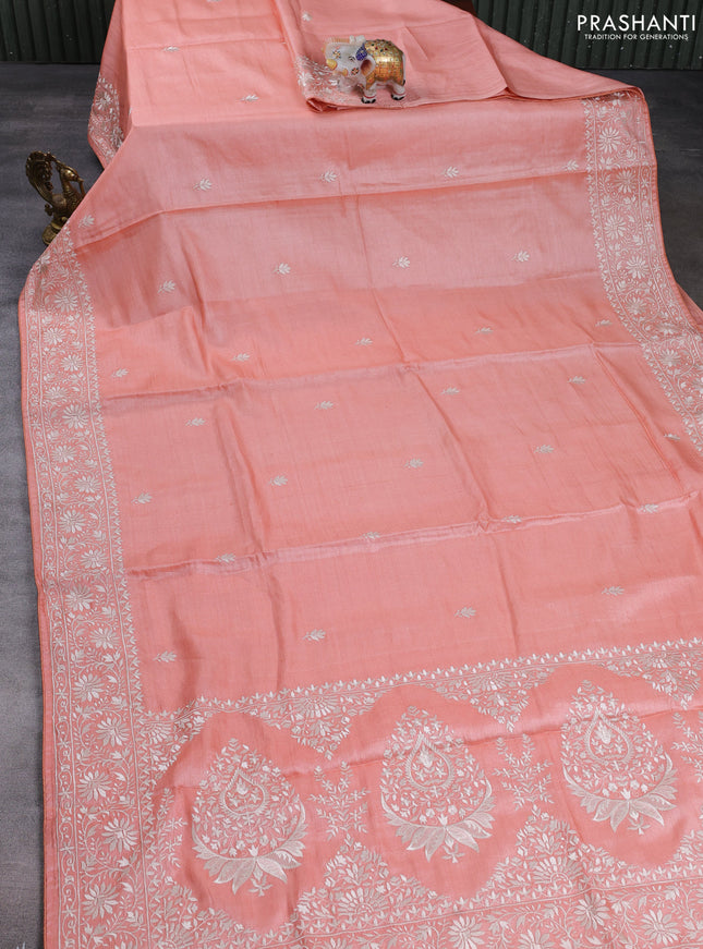 Pure tussar silk saree peach orange with floral embroidery buttas and embroidery border